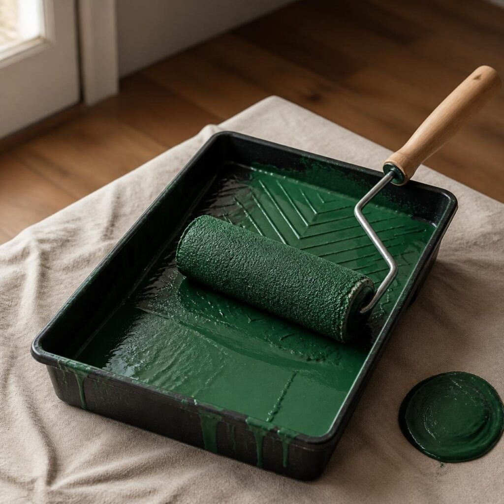Rodillo de pintura en bandeja con pintura verde